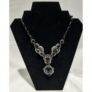 Silver‎ tone with Black Stones Statement Necklace & Smoky Crystals Boho Chic